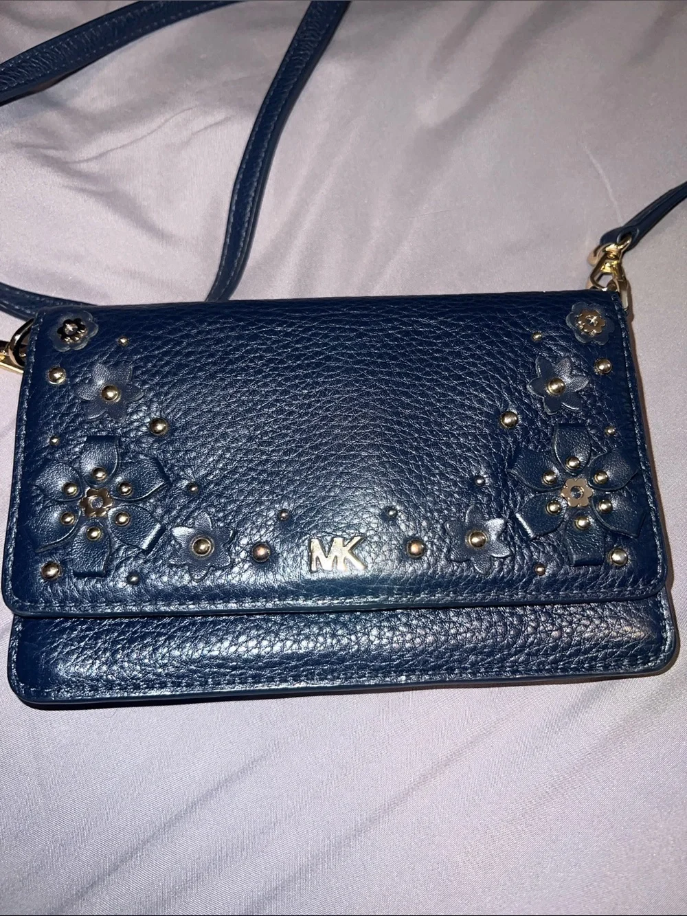 Michael Kors Navy Floral Studded Pebbled Leather Crossbody